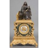 Schwere Figuren-Pendule. Werk bez.: "DENIERE - PARIS. Opulente, vergoldete und teils dunkelbraun