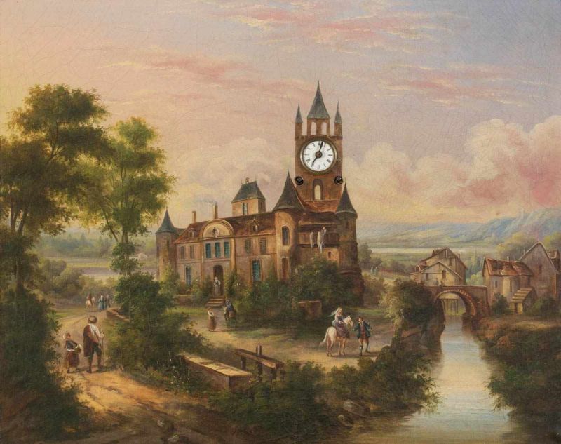 Antike Bilderuhr mit Walzenspielwerk! Schweiz um 1830. Unsigniertes Gemälde, in Öl auf Leinwand. - Image 2 of 16