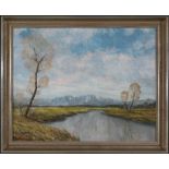 "Chiemgauer Landschaft". Gemälde, Öl auf Leinwand, ca. 78 x 99 cm, signiert E(rnst) Schulte-