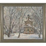 "Russische Kirche im Winterwald". Gemälde, Öl auf Leinwand ca. 51 x 60 cm, verso kyrillisch signiert