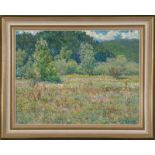 "Blühende Landschaft". Russisches Gemälde, Öl auf Leinwand, ca. 38 x 50 cm, kyrillisch mit Samara