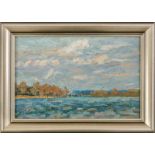 "Am Ufer". Kleinformatiges, russisches Gemälde, Öl auf Platte, ca. 22 x 33 cm, verso kyrillisch