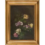 "Stilleben mit Rosen". Gemälde, Öl auf Leinwand, ca. 27 x 38 cm, unsigniert. Goldrahmen beigegeben,,