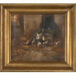"Im Hühnerstall". Gemälde, Öl auf Leinwand, ca. 33 x 38 cm, signiert Karl Hausni, Mitte 20. Jhd.