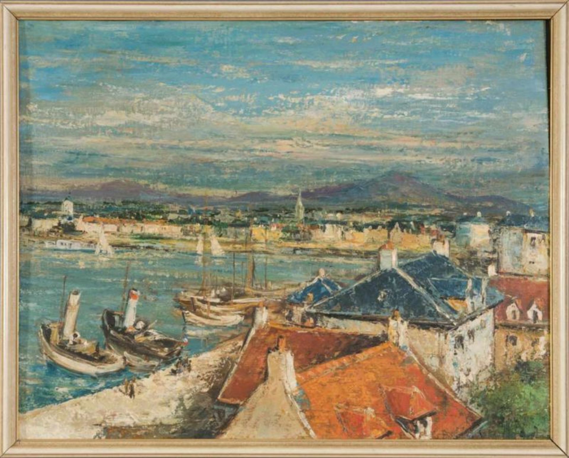 "Hafenszenerie". Gemälde, Öl auf Sperrholzplatte, ca. 39 x 52 cm, verso signiert "Norbert Gerd