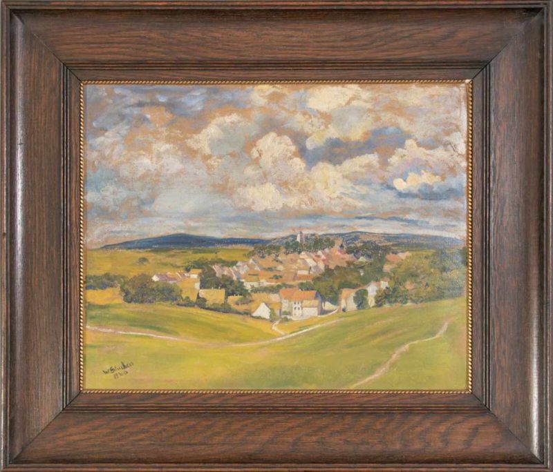 "Dorfansicht". Gemälde, Öl auf Malkarton, ca. 40 x 50 cm, signiert & datiert "W. STUCKEN 1940".