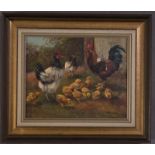 "Hühner". Gemälde, Öl auf Leinwand, ca. 24 x 30 cm, signiert: "W. Franken" = Willi Franken (1911 -