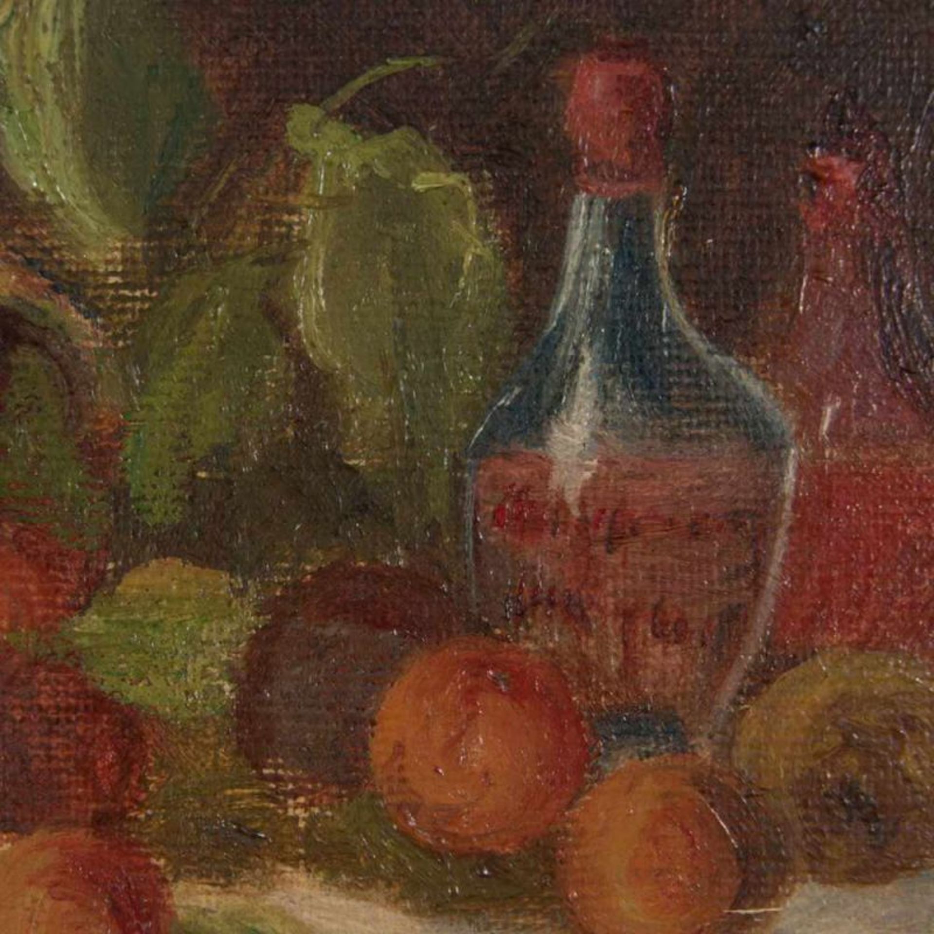 "Stilleben mit Obst & Wein". Gemälde, Öl auf Malpappe, ca. 10,5 x 21,5 cm, unsignierte Arbeit, - Image 3 of 6
