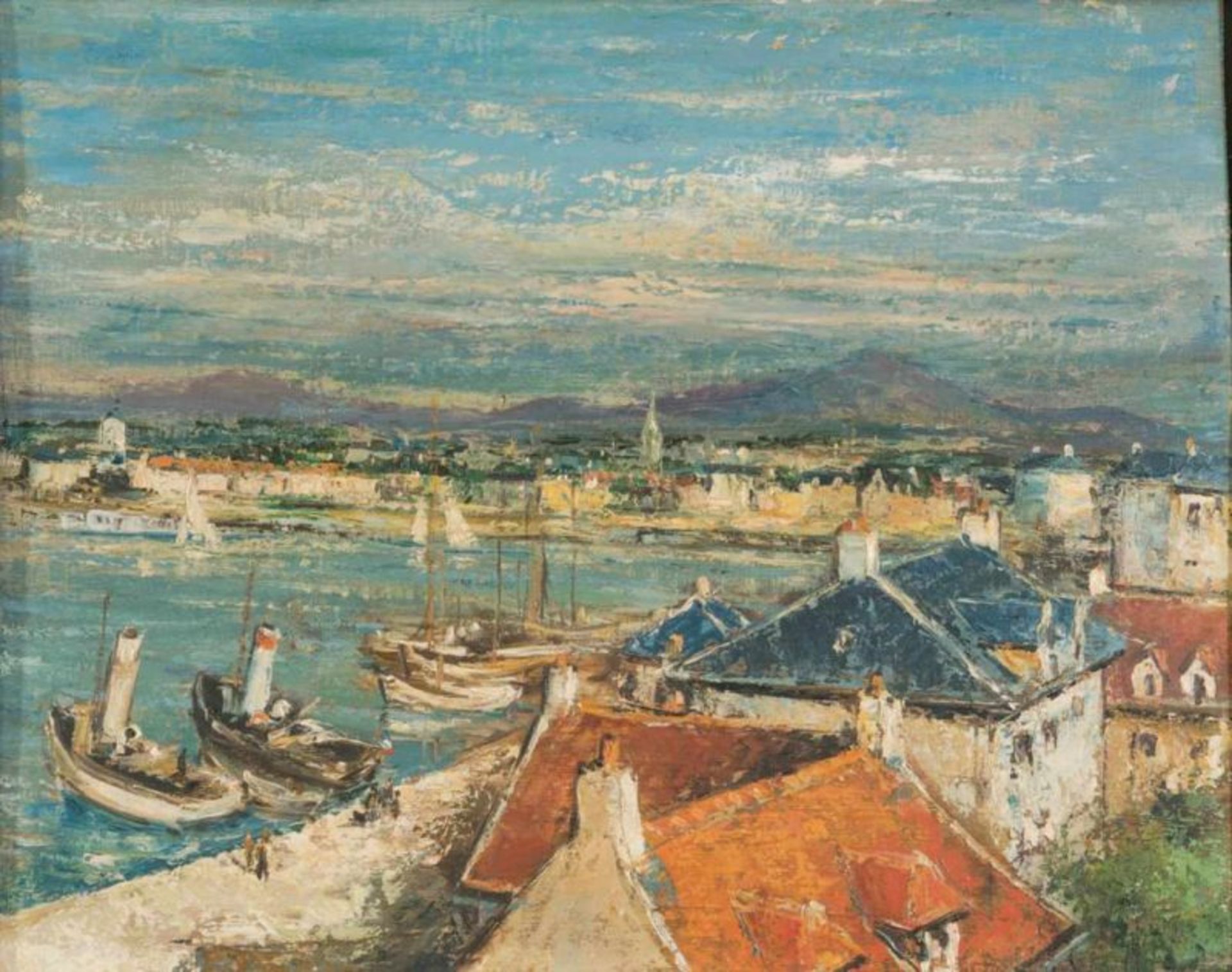 "Hafenszenerie". Gemälde, Öl auf Sperrholzplatte, ca. 39 x 52 cm, verso signiert "Norbert Gerd - Image 4 of 8