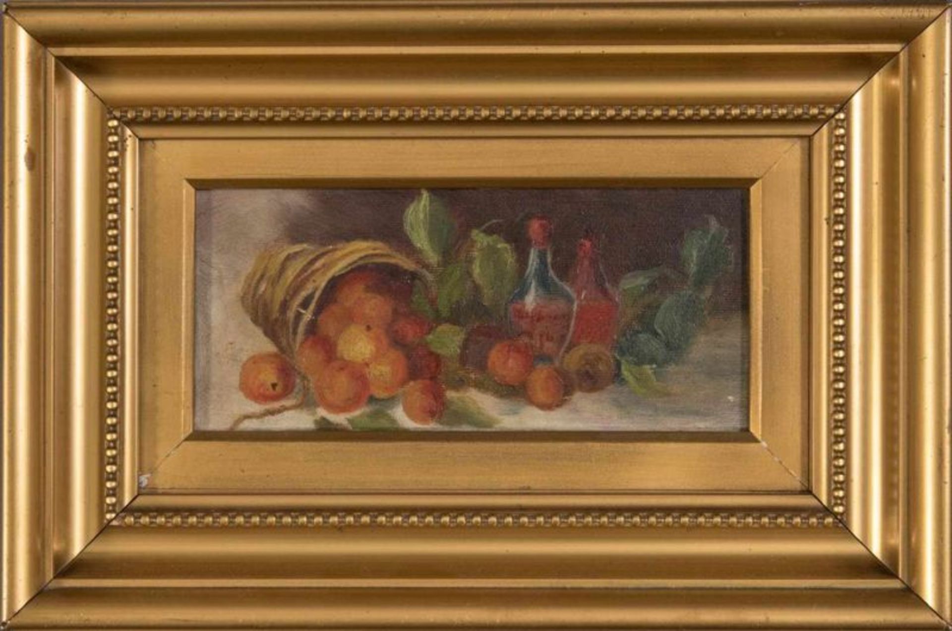 "Stilleben mit Obst & Wein". Gemälde, Öl auf Malpappe, ca. 10,5 x 21,5 cm, unsignierte Arbeit,