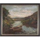 "Uferlandschaft mit Kahn". Gemälde, Öl auf Leinwand, ca. 43 x 53 cm, unsigniert, leichte Schäden (