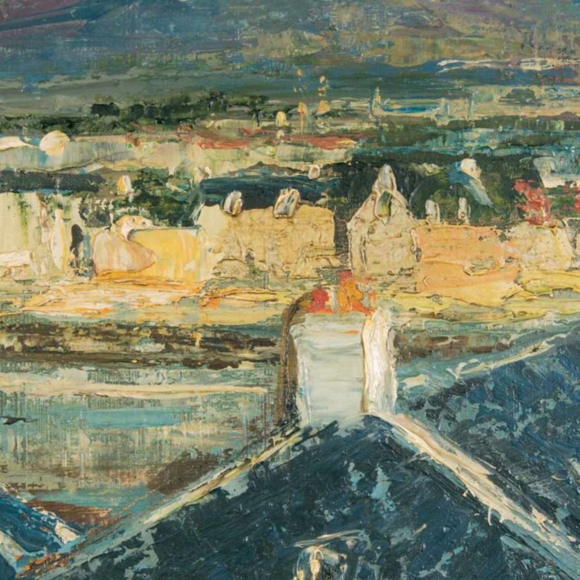 "Hafenszenerie". Gemälde, Öl auf Sperrholzplatte, ca. 39 x 52 cm, verso signiert "Norbert Gerd - Image 2 of 8