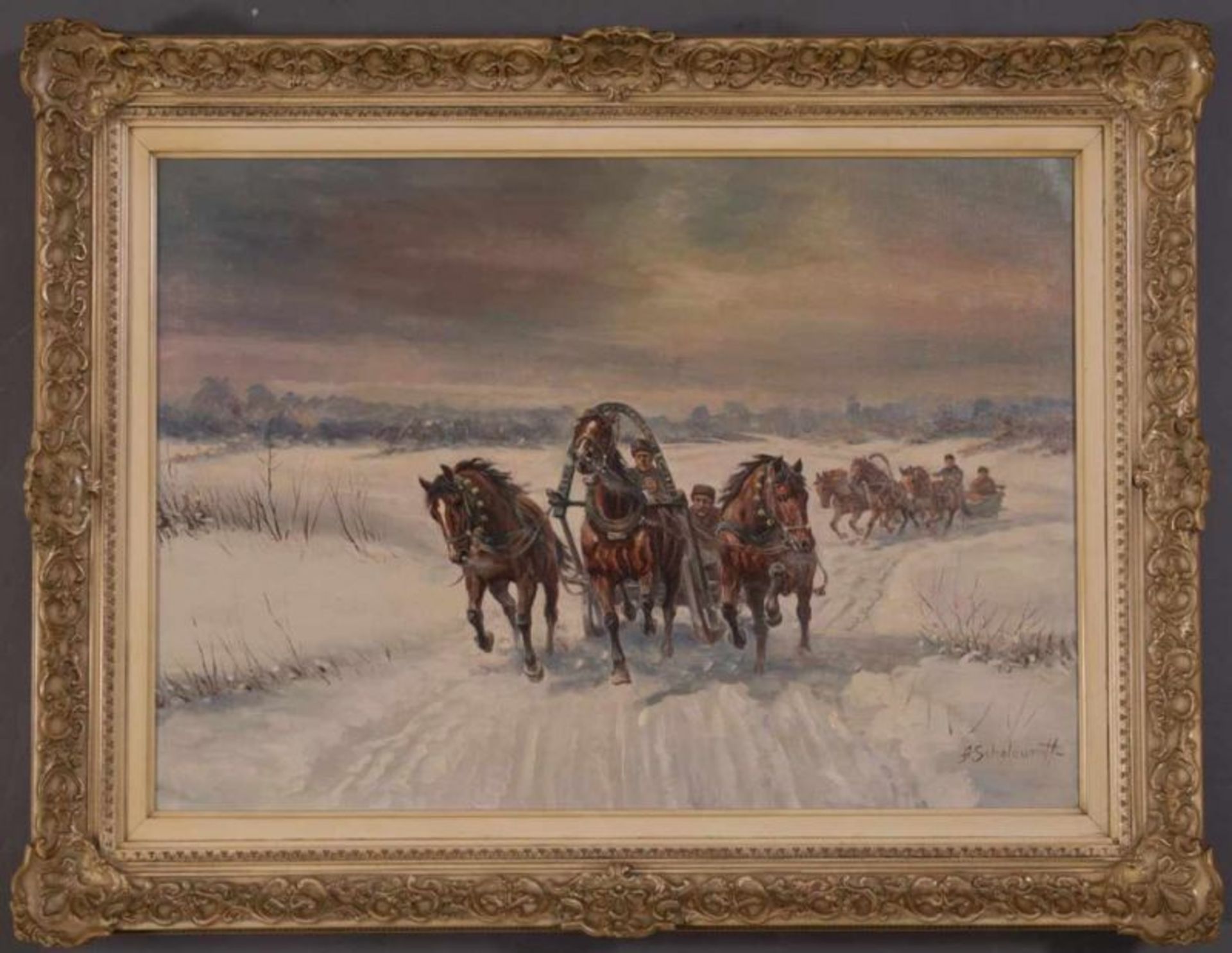 "Russische Schlittenfahrt". Gemälde, Öl auf Leinwand, ca. 50 x 70 cm, signiert: "A. Scheloumoff" = - Image 2 of 7