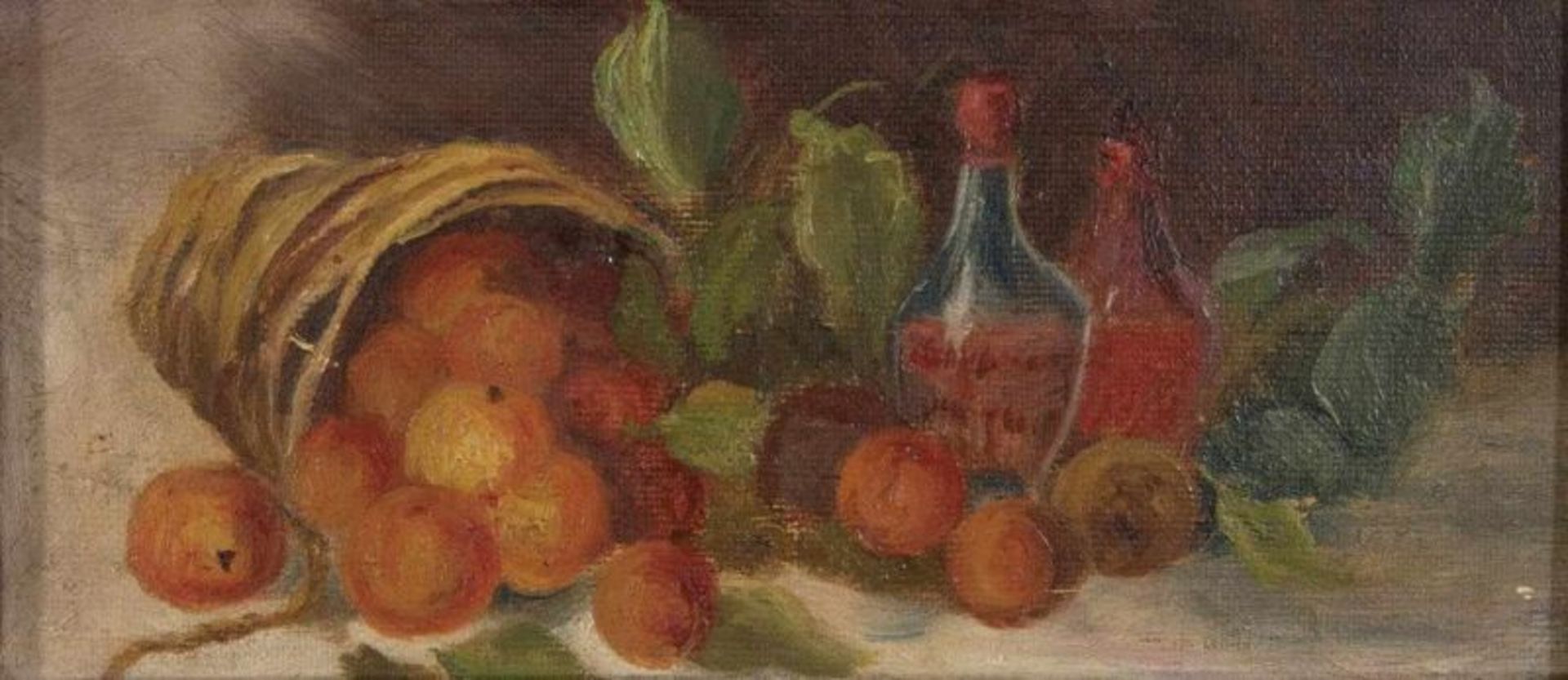 "Stilleben mit Obst & Wein". Gemälde, Öl auf Malpappe, ca. 10,5 x 21,5 cm, unsignierte Arbeit, - Image 2 of 6