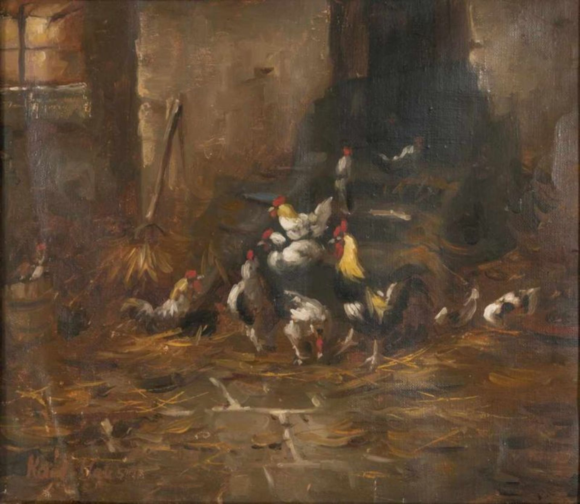 "Im Hühnerstall". Gemälde, Öl auf Leinwand, ca. 33 x 38 cm, signiert Karl Hausni, Mitte 20. Jhd. - Image 2 of 7