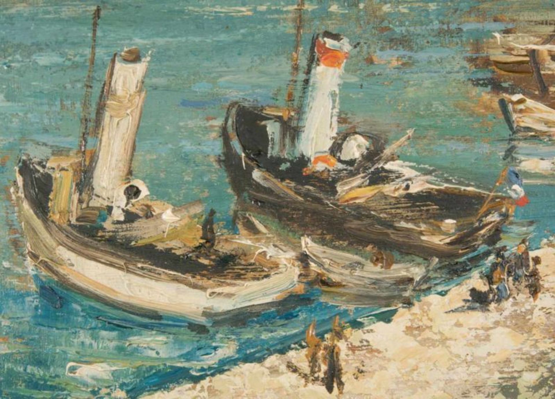 "Hafenszenerie". Gemälde, Öl auf Sperrholzplatte, ca. 39 x 52 cm, verso signiert "Norbert Gerd - Image 5 of 8
