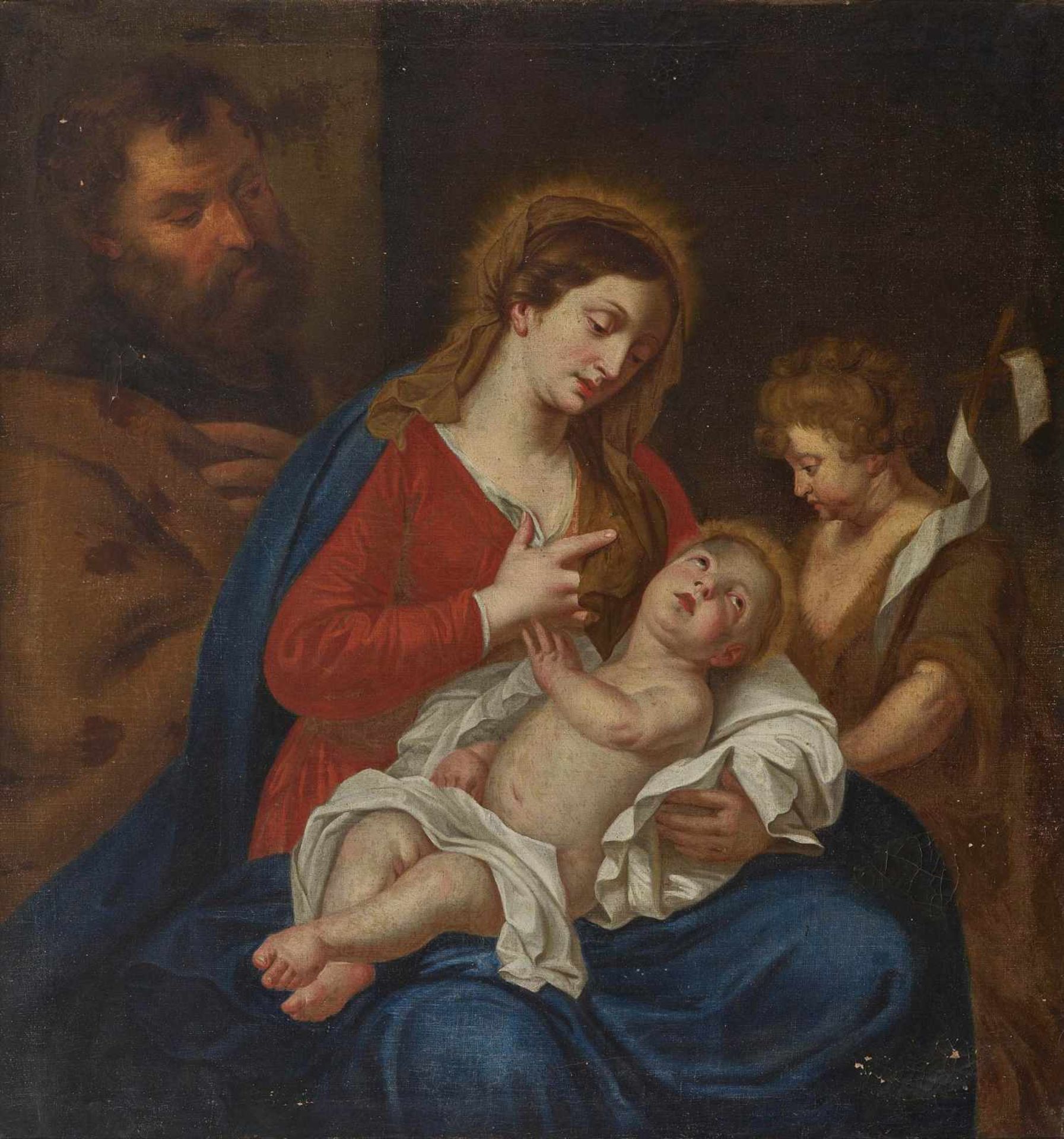 FLÄMISCH 17. Jh. Heilige Familie mit dem Johannesknaben Öl auf Lwd. 94 x 88,5 cm. Doubliert.