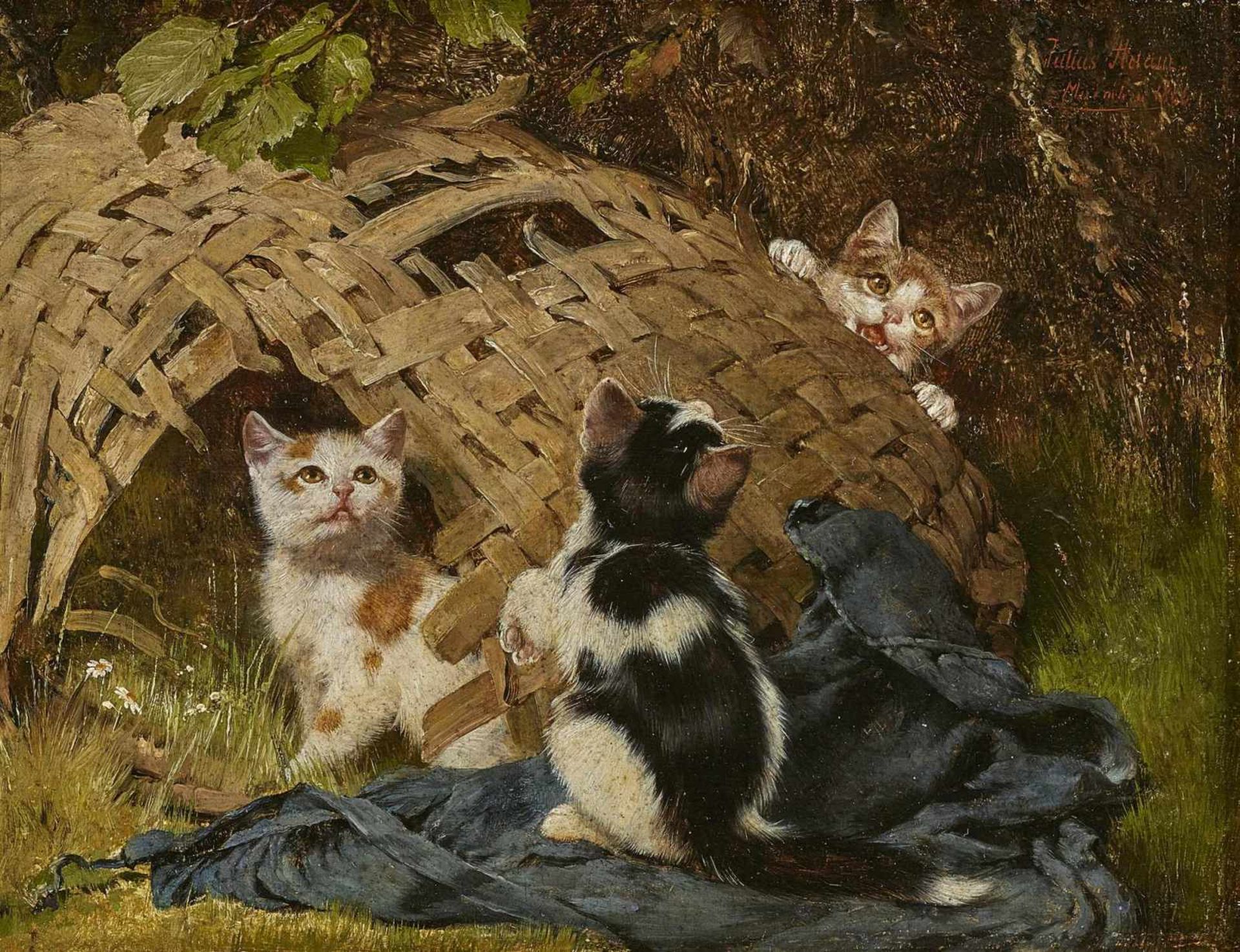 ADAM D. J., JULIUS 1852 München - 1913 ebenda Drei Kätzchen, an einem Weidenkorb spielend R. o.