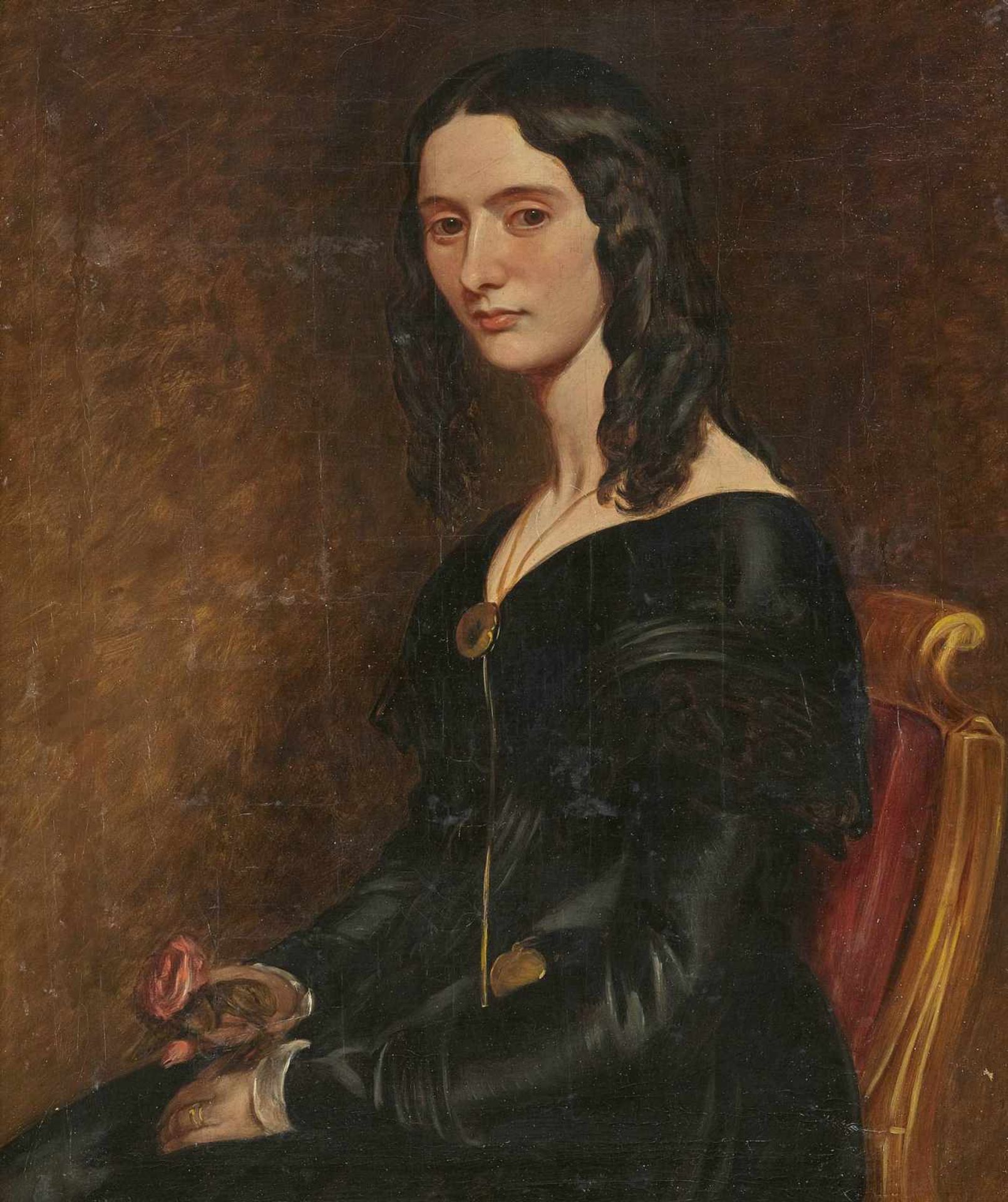 ENGLAND um 1840 Dame in schwarzem Kleid Halbfigur nach links sitzend. Öl auf Lwd. 91 x 71 cm.