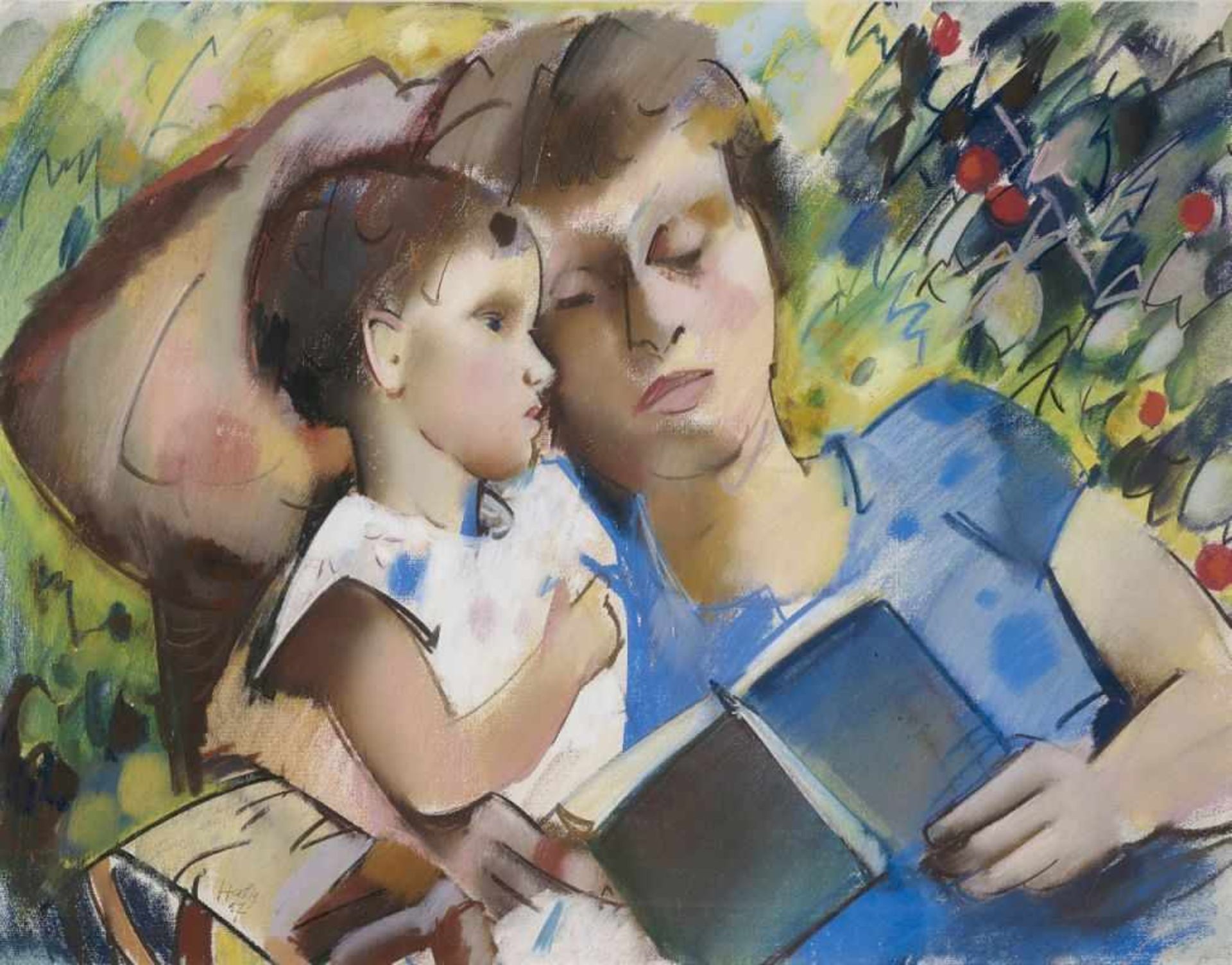 Herbig, Otto 1889 Dorndorf an der Werra - 1971 Weilheim Frau mit Kind beim Vorlesen. 1957 Pastell