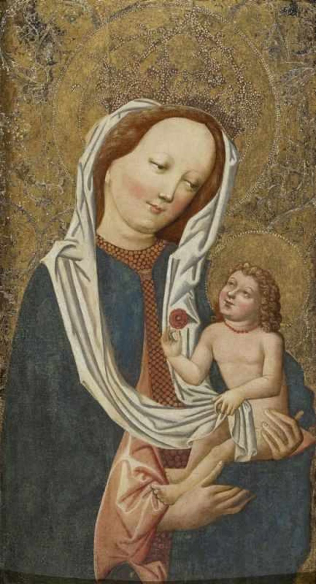 SCHWABEN (?) um 1470/80 Maria mit dem Kind Goldgrund mit Granatapfelornament. Krone Mariens in