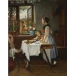 WAGNER, JULIUS (JULES) 1818 Schleswig - 1879 Essenszeit Am gedeckten Tisch warten Mutter und Tochter
