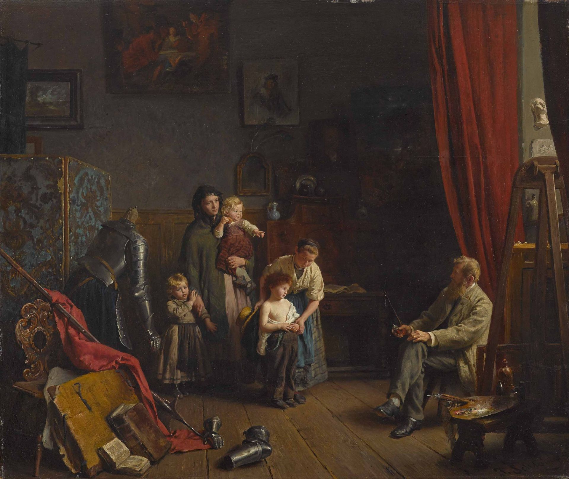 SCHLESINGER, FELIX 1833 Hamburg - 1910 ebenda Die neuen Modelle In seinem Atelier begutachtet der