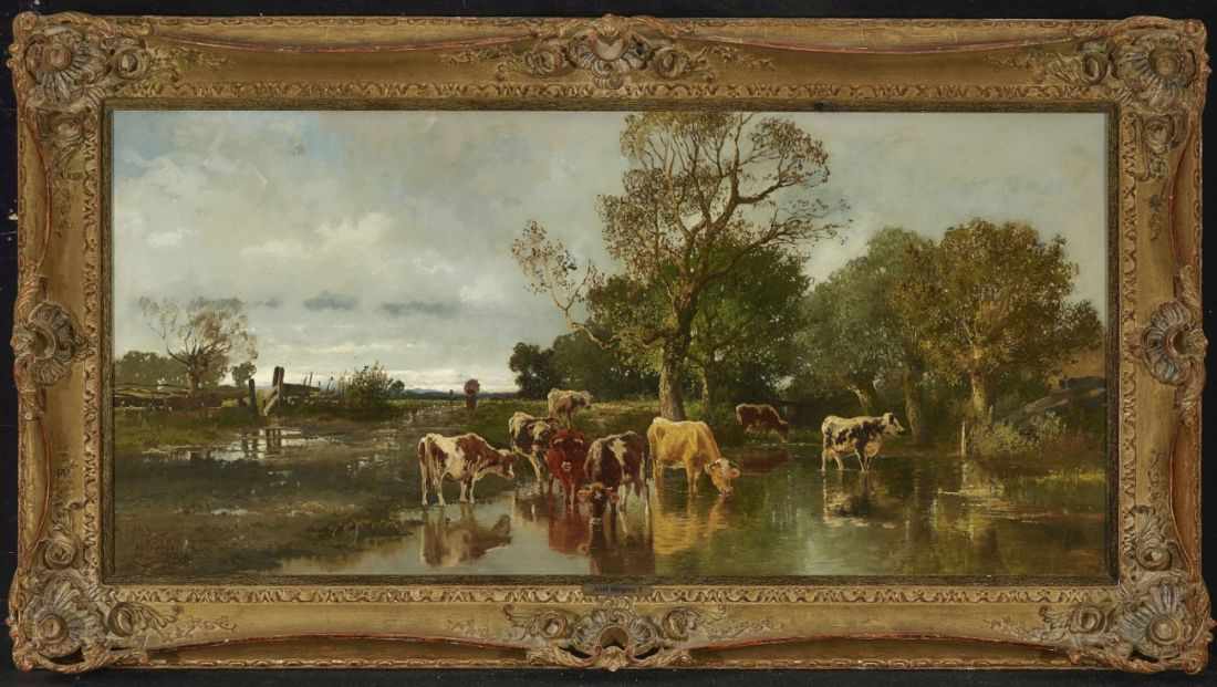 WENGLEIN, JOSEF 1845 München - 1919 Bad Tölz Rinder an der Wasserstelle Im Hintergrund eine - Image 2 of 2