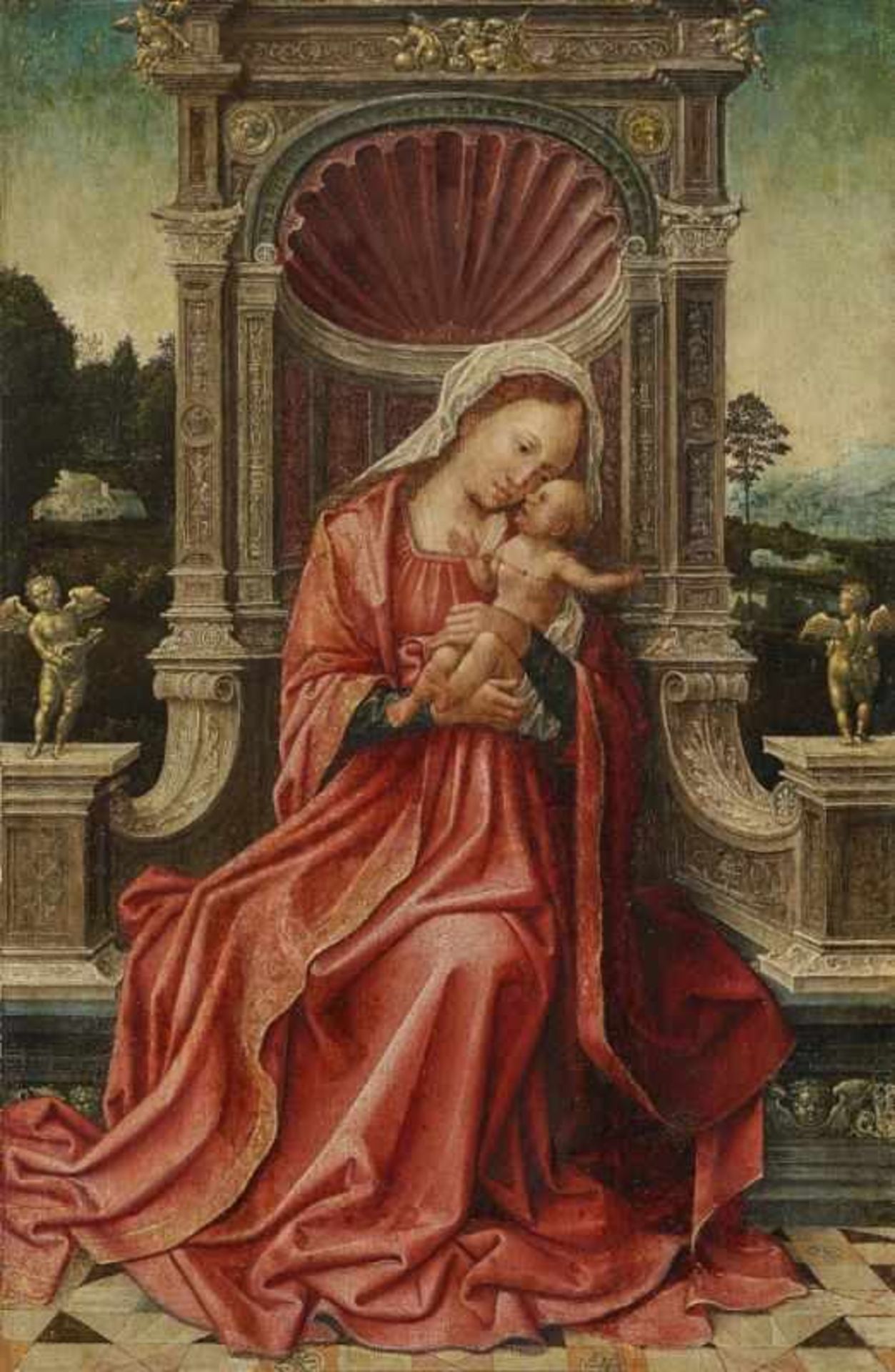 ORLEY, BERNARD VAN 1491 o. 1492 Brüssel - 1542 ebenda, Umkreis Maria mit dem Kind Auf aufwändig