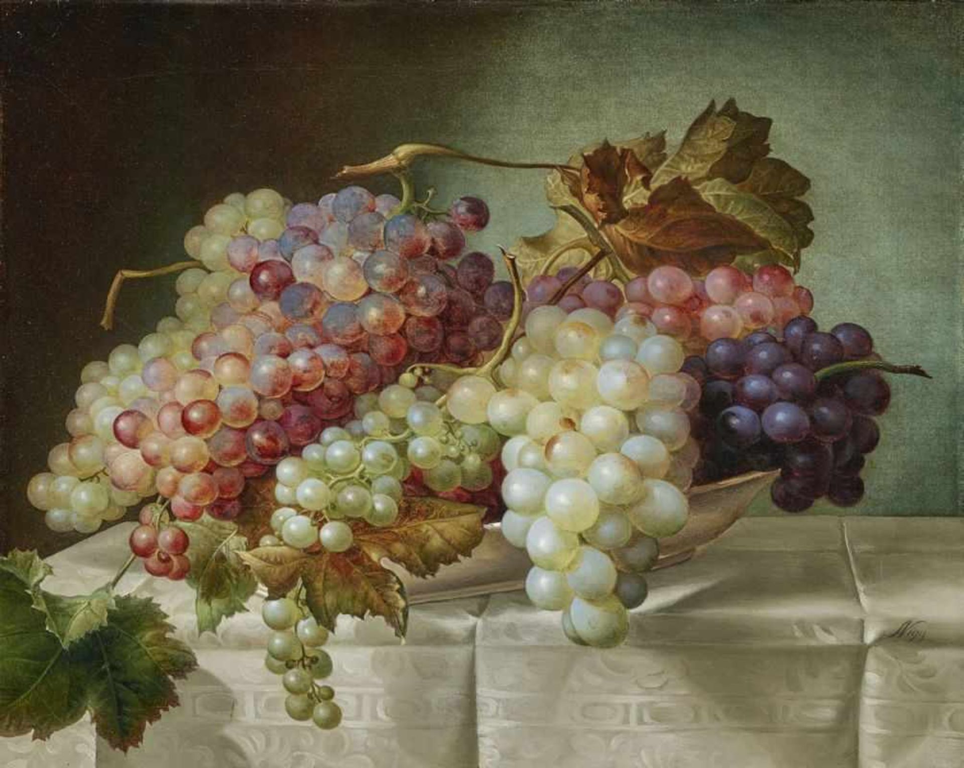 NIGG, JOSEPH 1782 Wien - 1863 ebenda Stillleben mit Weintrauben auf einem Porzellanteller R. u.