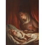 DEUTSCH 19. Jh. Mutter am Bett ihres Kindes Im Licht der Kerze betrachtet die Mutter ihr schlafendes
