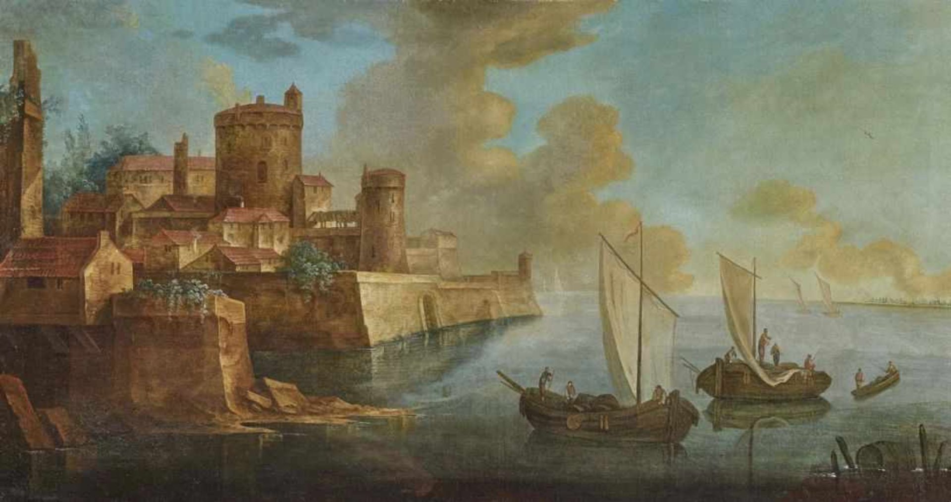 ITALIEN 17./18. Jh. Hafenstadt mit Castello und Schiffen Öl auf Lwd. 90 x 170 cm. Firnis