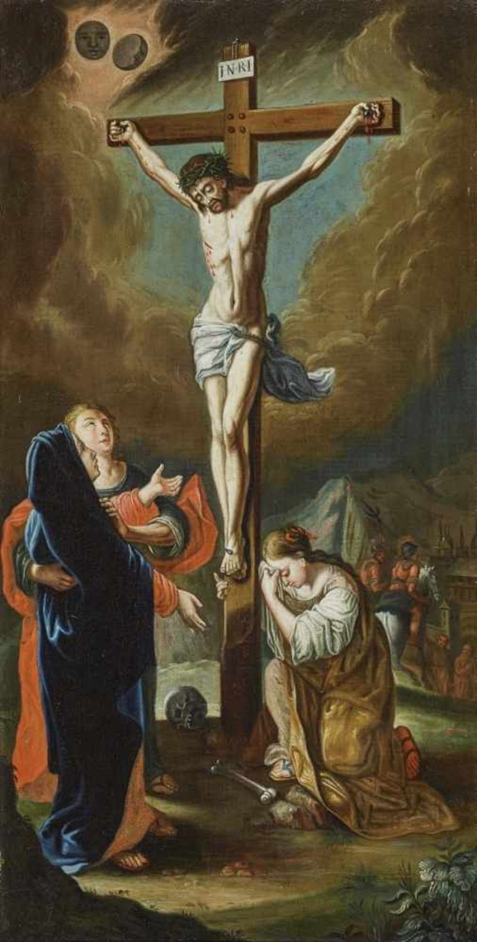 UNBEKANNT 17. Jh. Christus am Kreuz Öl auf Lwd. 85 x 43,5 cm. Doubliert. Rest. Rahmen min. besch.