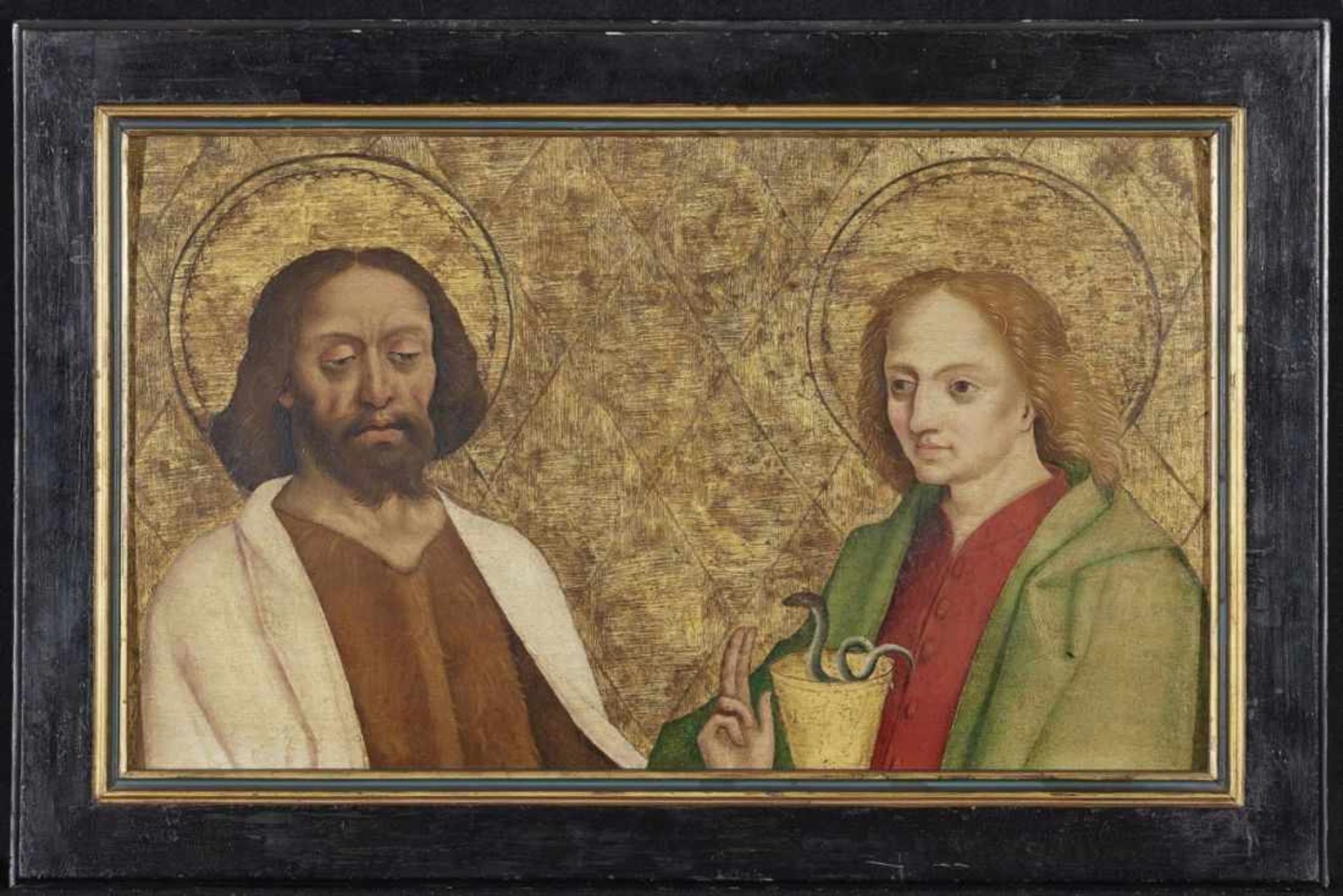 ULM um 1500 Johannes der Täufer und Johannes Evangelista Öl/Tempera auf Nadelholz. 33 x 56,5 cm. - Bild 2 aus 2