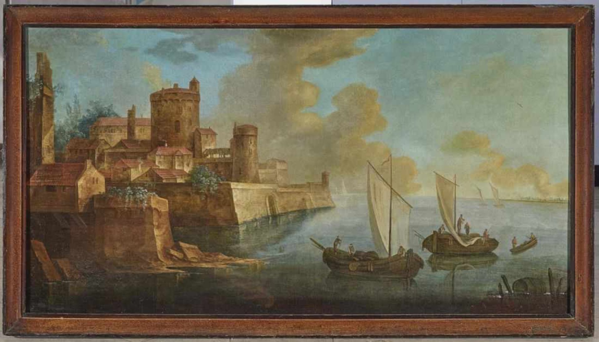 ITALIEN 17./18. Jh. Hafenstadt mit Castello und Schiffen Öl auf Lwd. 90 x 170 cm. Firnis - Image 2 of 3