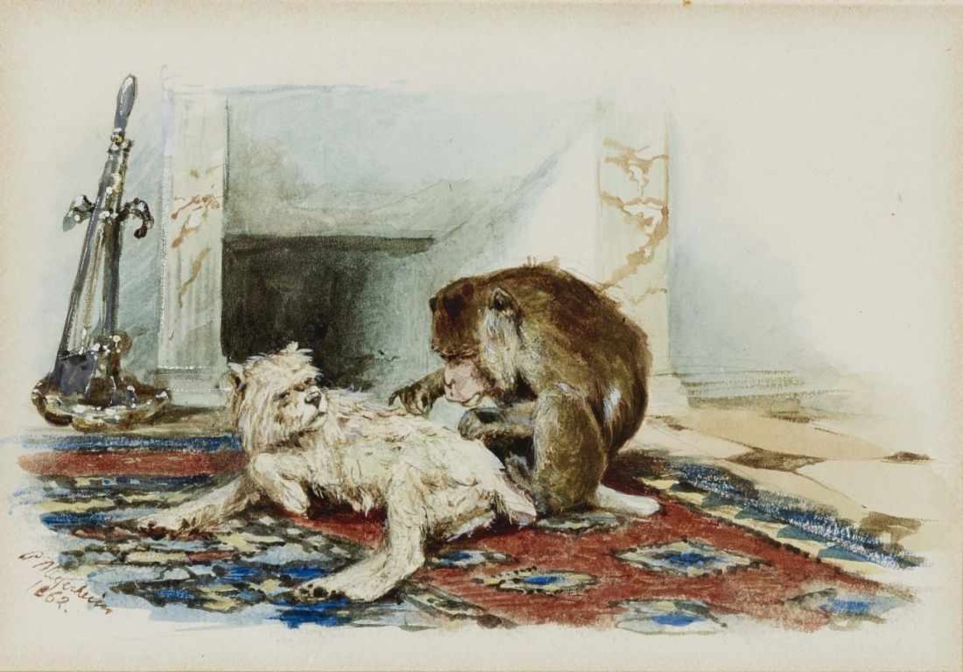 MEYERHEIM, PAUL 1842 Berlin - 1915 ebenda Affe beim Lausen eines Hundes L. u. signiert und 1862
