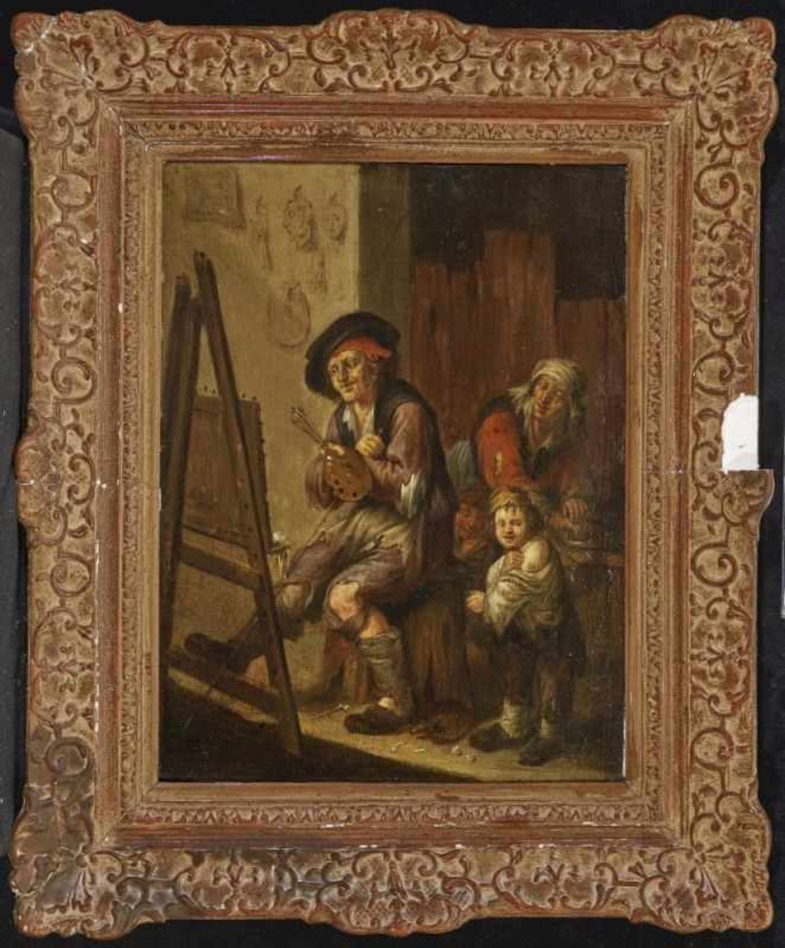 NIEDERLANDE 17./18. Jh. Der arme Künstler und seine Familie Öl auf Holz. 42,7 x 33 cm. Rest. Min. - Bild 2 aus 2