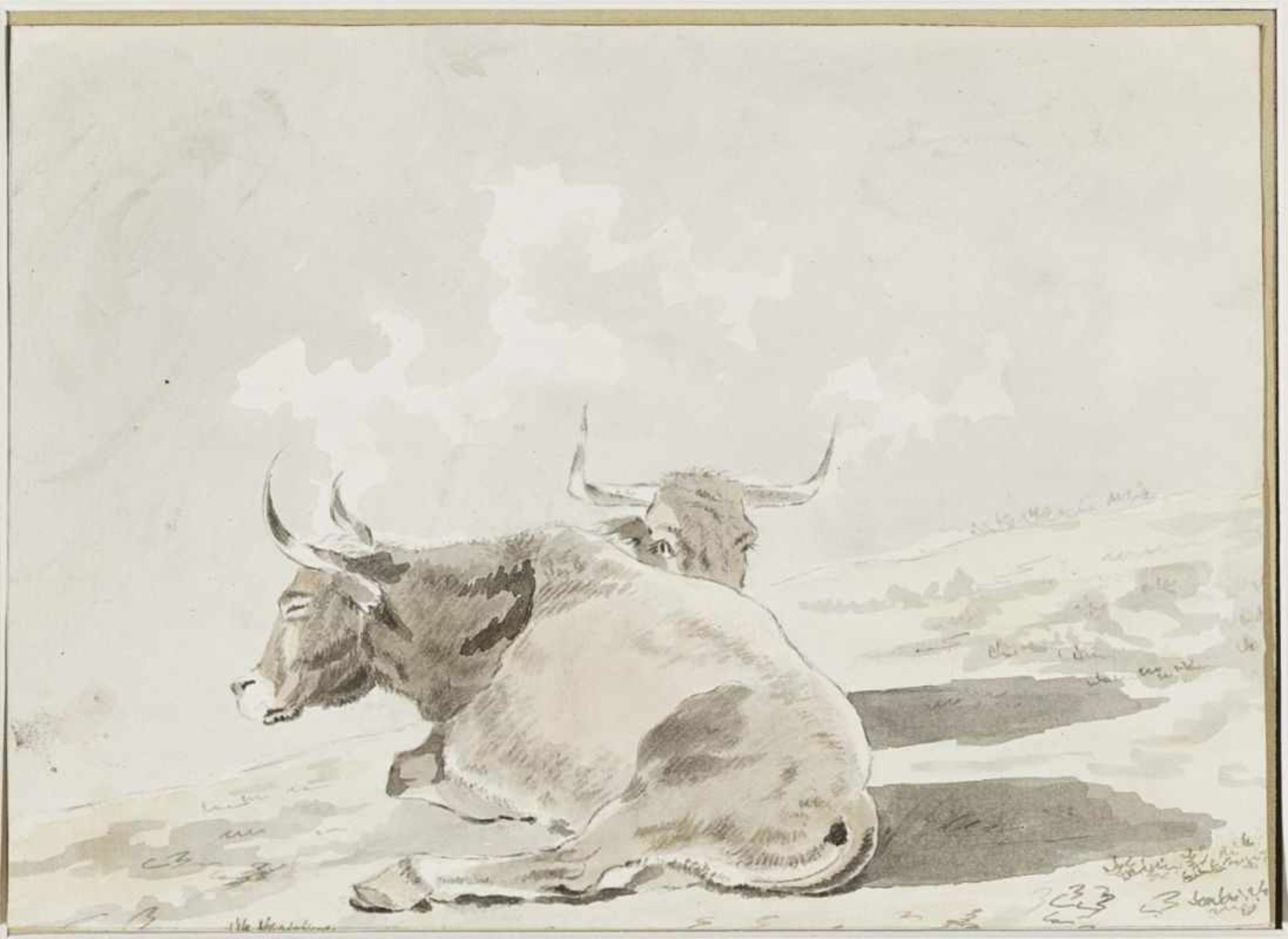 KOBELL, WILHELM VON 1766 Mannheim - 1853 München, zugeschrieben Zwei liegende Kühe Rücks.