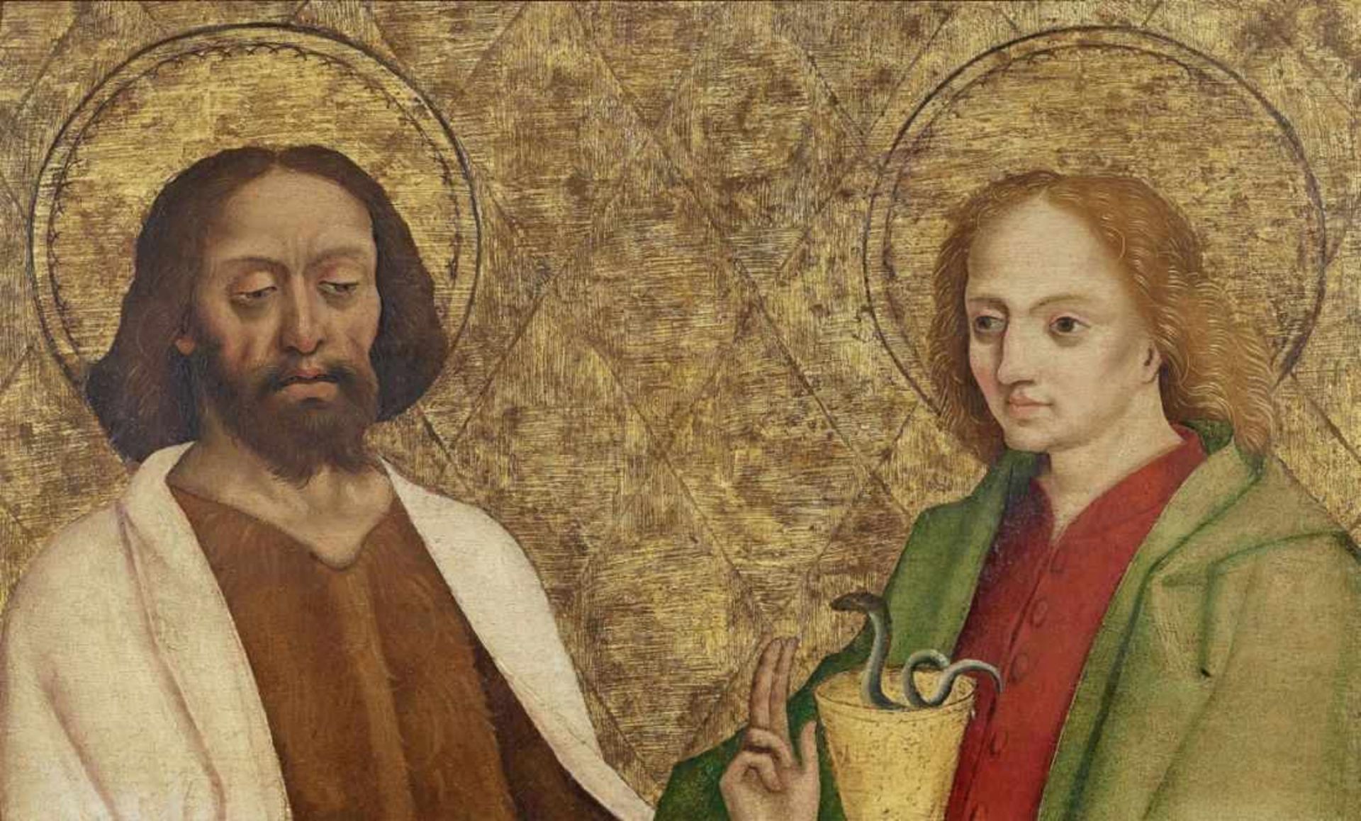 ULM um 1500 Johannes der Täufer und Johannes Evangelista Öl/Tempera auf Nadelholz. 33 x 56,5 cm.