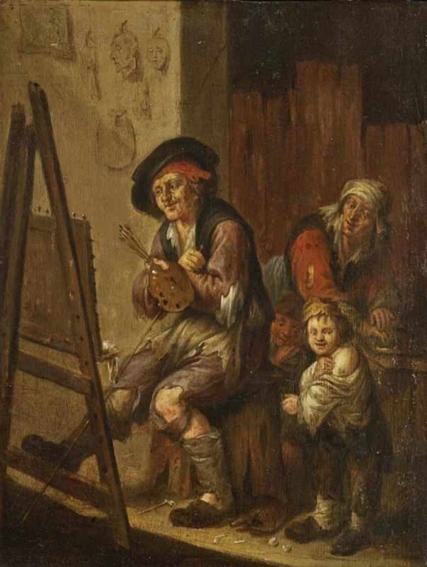 NIEDERLANDE 17./18. Jh. Der arme Künstler und seine Familie Öl auf Holz. 42,7 x 33 cm. Rest. Min.