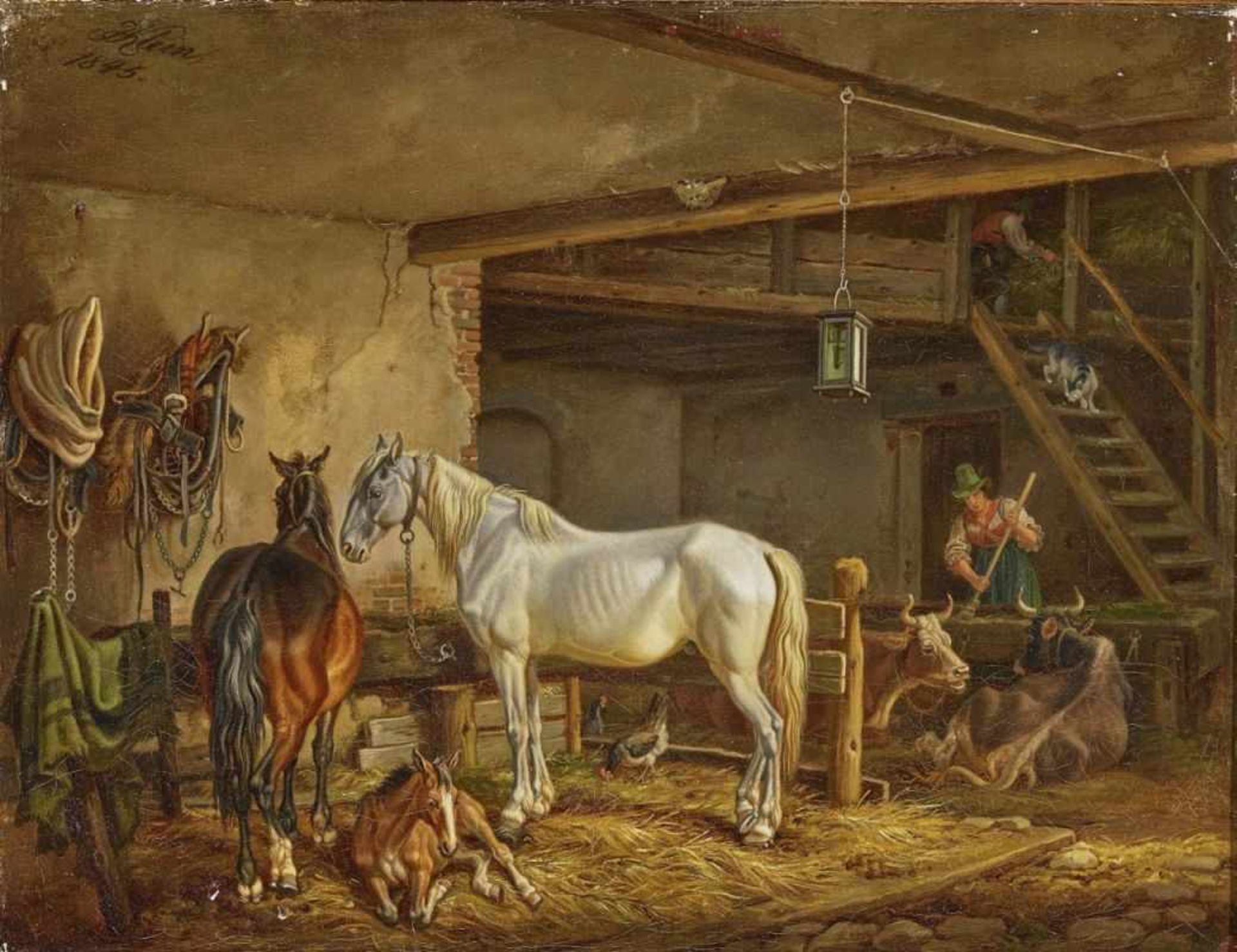 KLEIN, JOHANN ADAM 1792 Nürnberg - 1875 München Brauner mit Fohlen und Schimmel im Stall L. o.