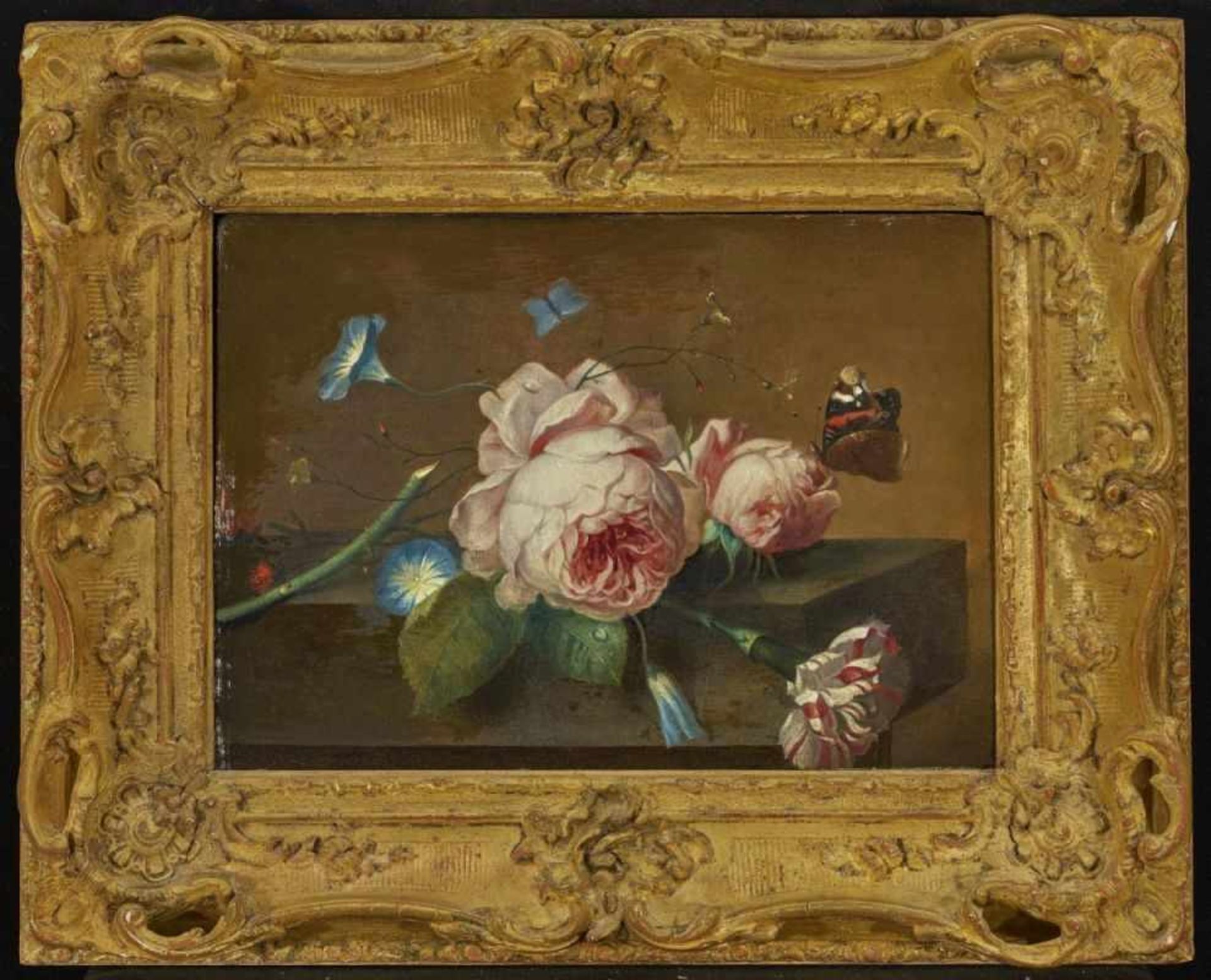 DEUTSCH 19. Jh. Blüten auf Steinplatte mit Schmetterling Öl auf Holz. 26 x 35 cm. Farbbereibungen. - Bild 2 aus 2