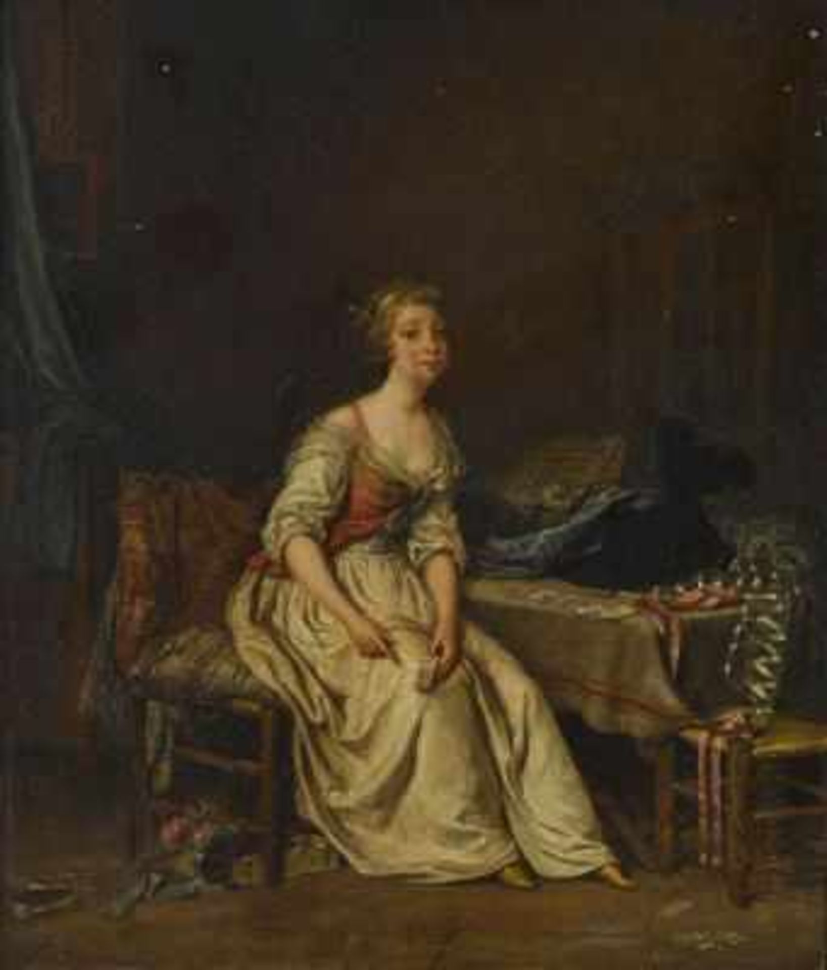 FRANKREICH um 1780 Junge Dame beim Kartenlegen Rücks. Reste eines Sammlungssiegels und alte