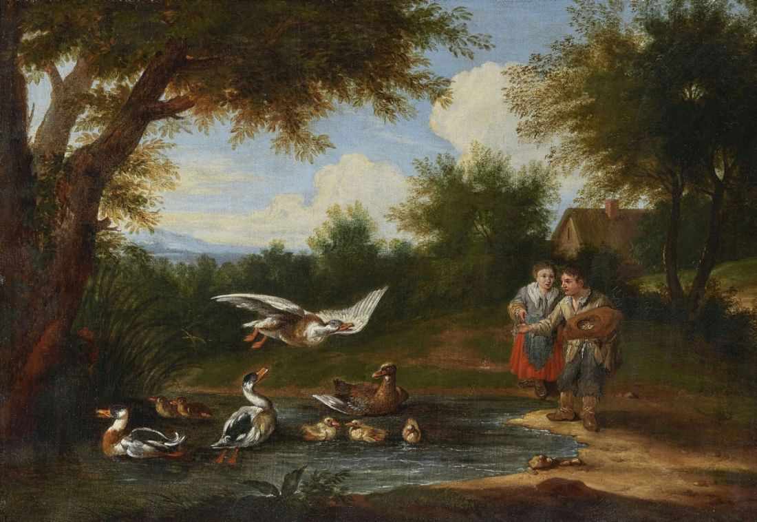 HOREMANS D. J., JAN JOSEF, Umkreis Kinder beim Entenfüttern Öl auf Lwd. 42,5 x 60,5 cm. Doubliert.