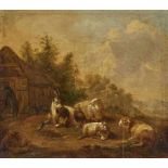 ROOS (ROSA), JOSEPH 1726 Wien - 1805 ebenda, Umkreis Ziegen und Schafe Im Hintergrund Bauern vor dem