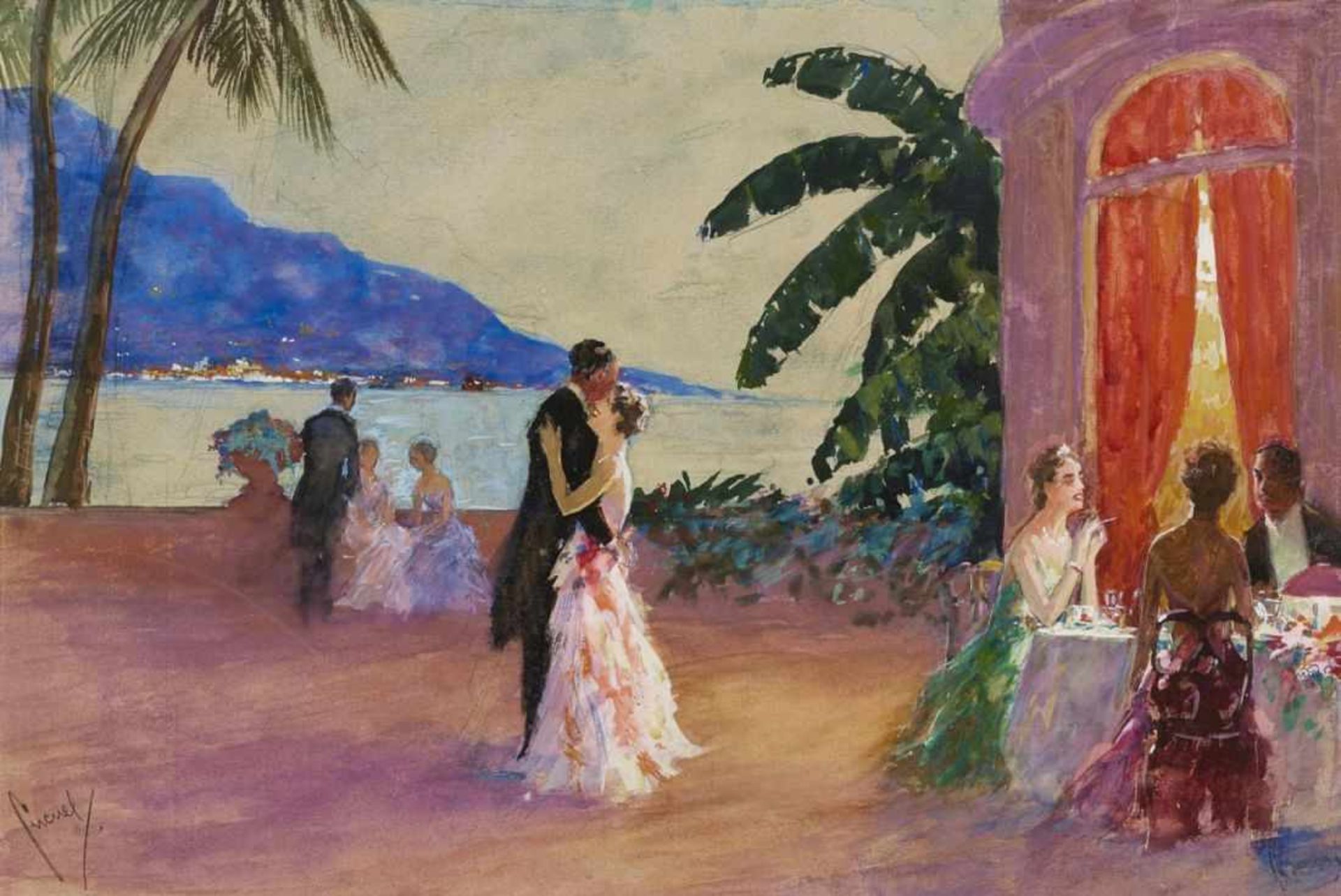Cucuel, Edward 1870 San Francisco - 1954 Pasadena Romantischer Abend in Monte Carlo. 1951 Gouache
