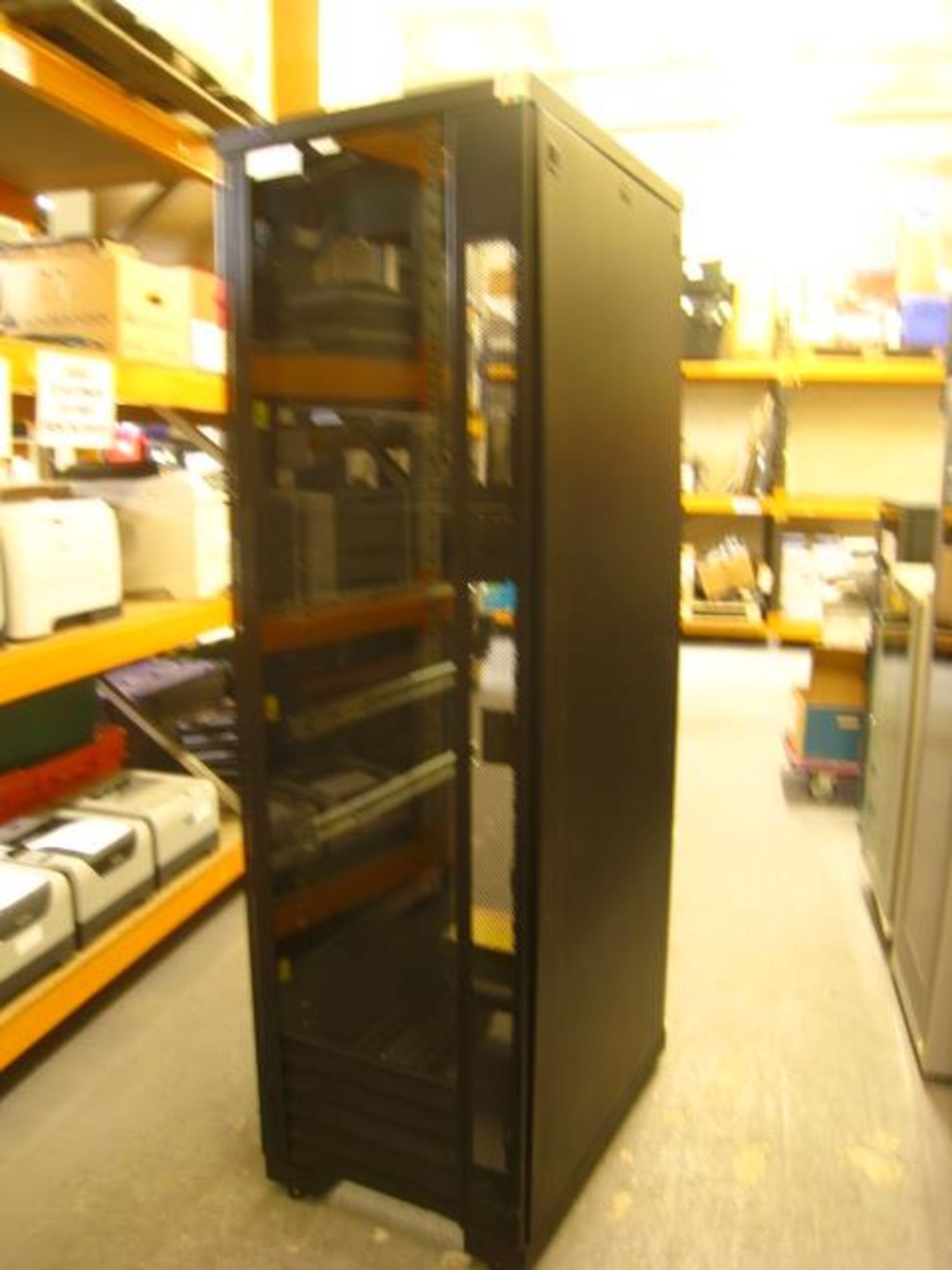 IBM 42U RACKMOUNT SERVER CABINET. CONTAINS 3 X RAILS, 1 X SHELF & PDU. DIMENSIONS = HEIGHT 206CM,