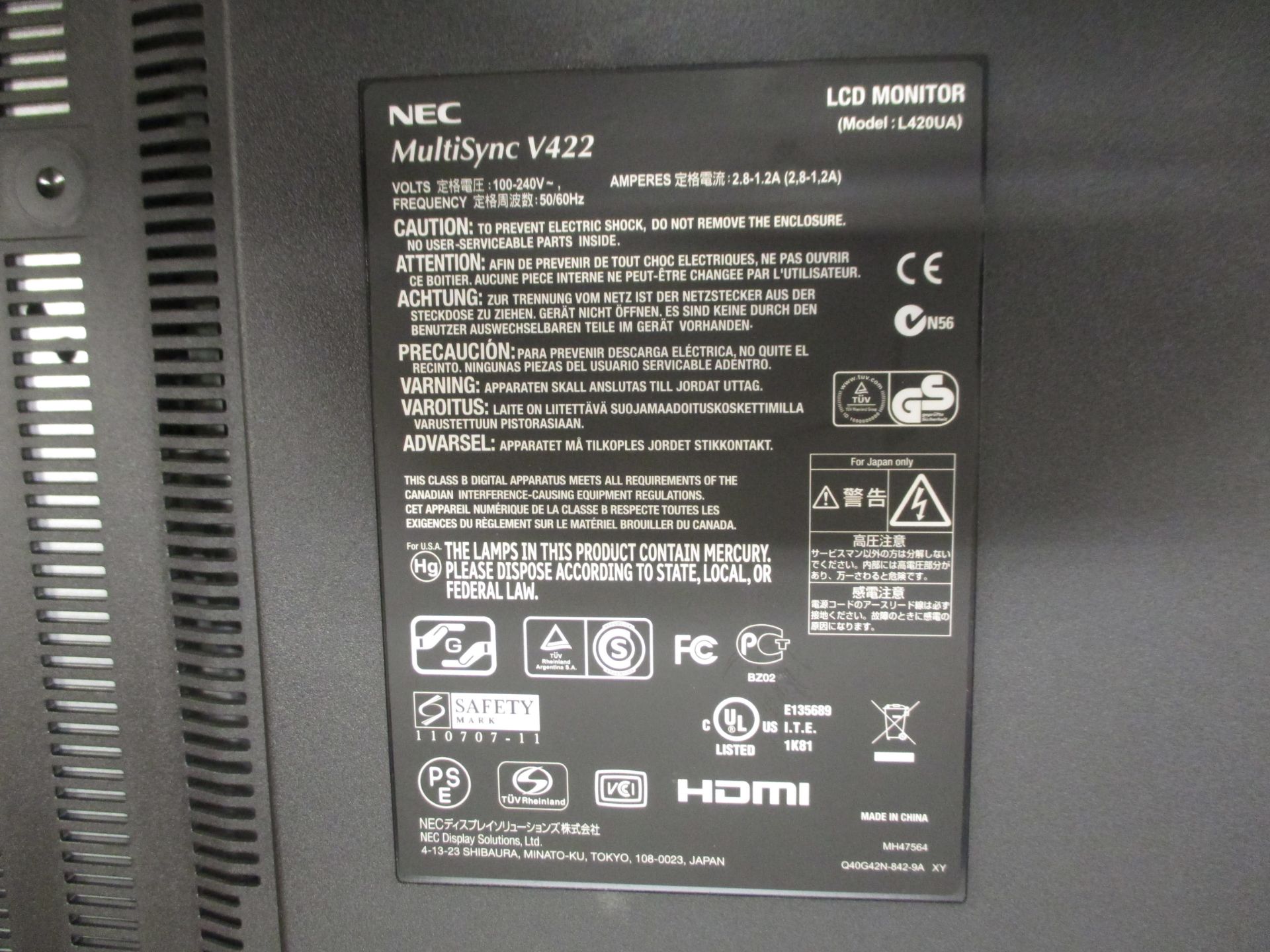 NEC 42" LCD MONITOR WITH SPEAKERS ATTACHED & HDMI. MULTISYNC V422. MODEL L420UA. - Image 3 of 5