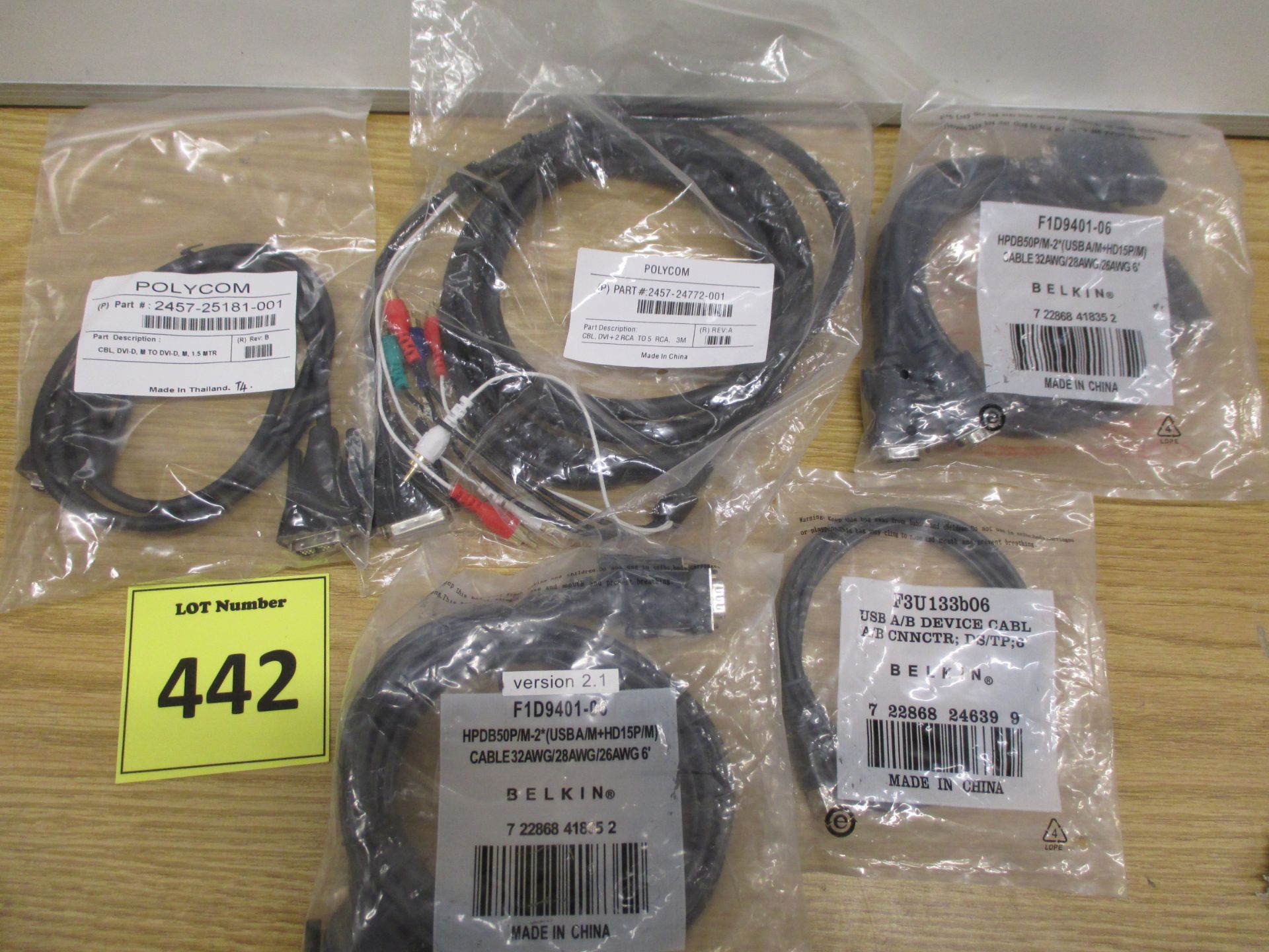 2 X NEW POLYCOM CABLES AND 3 X NEW BELKIN CABLES