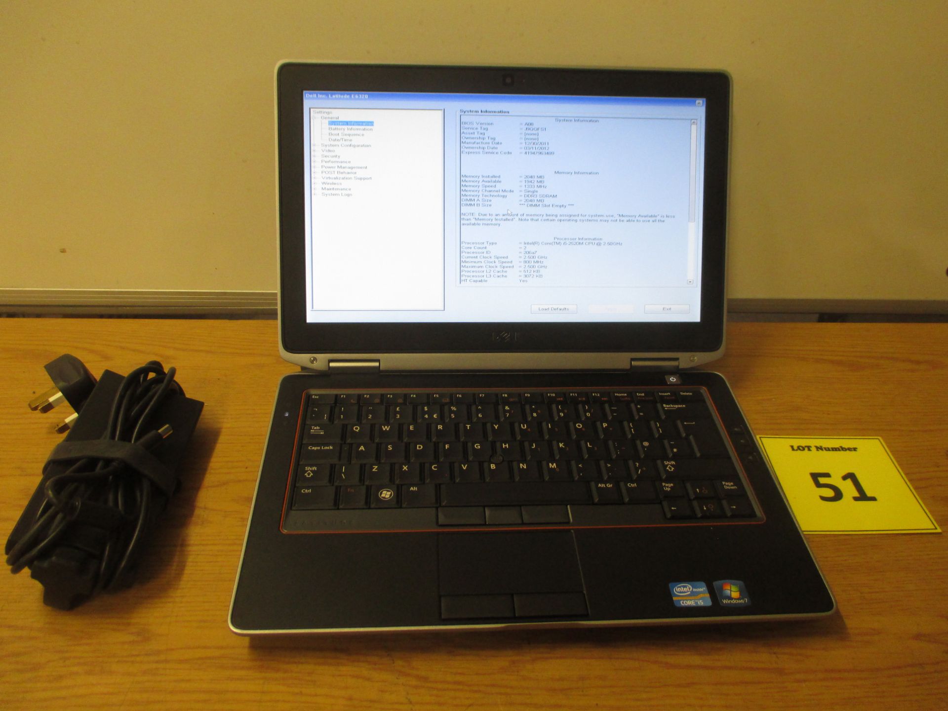 DELL LATITUDE E6320 CORE i5 LAPTOP. 2.5GHZ PROCESSOR, 2GB RAM, 250GB HDD, DVDRW, PSU & W7 ULT COA